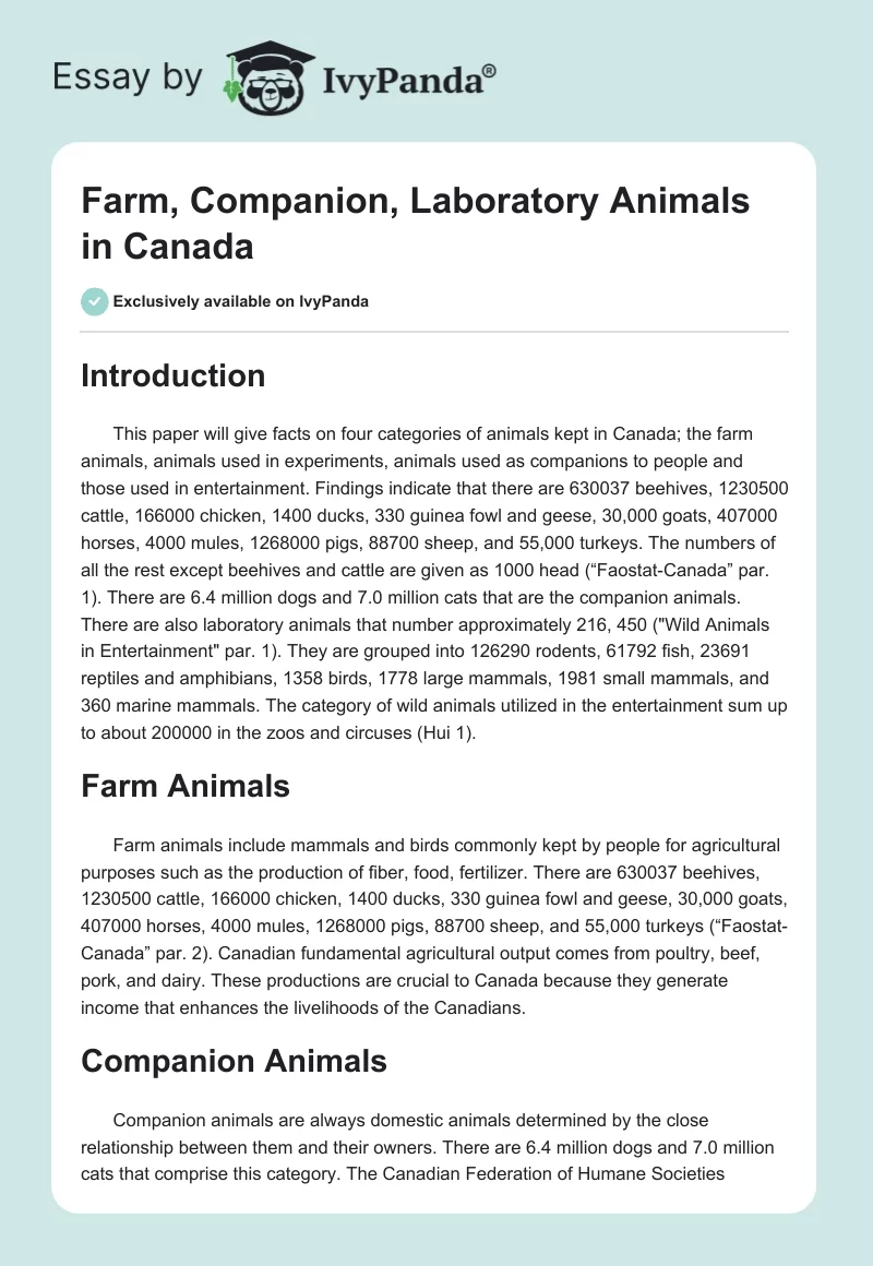 Farm, Companion, Laboratory Animals in Canada. Page 1