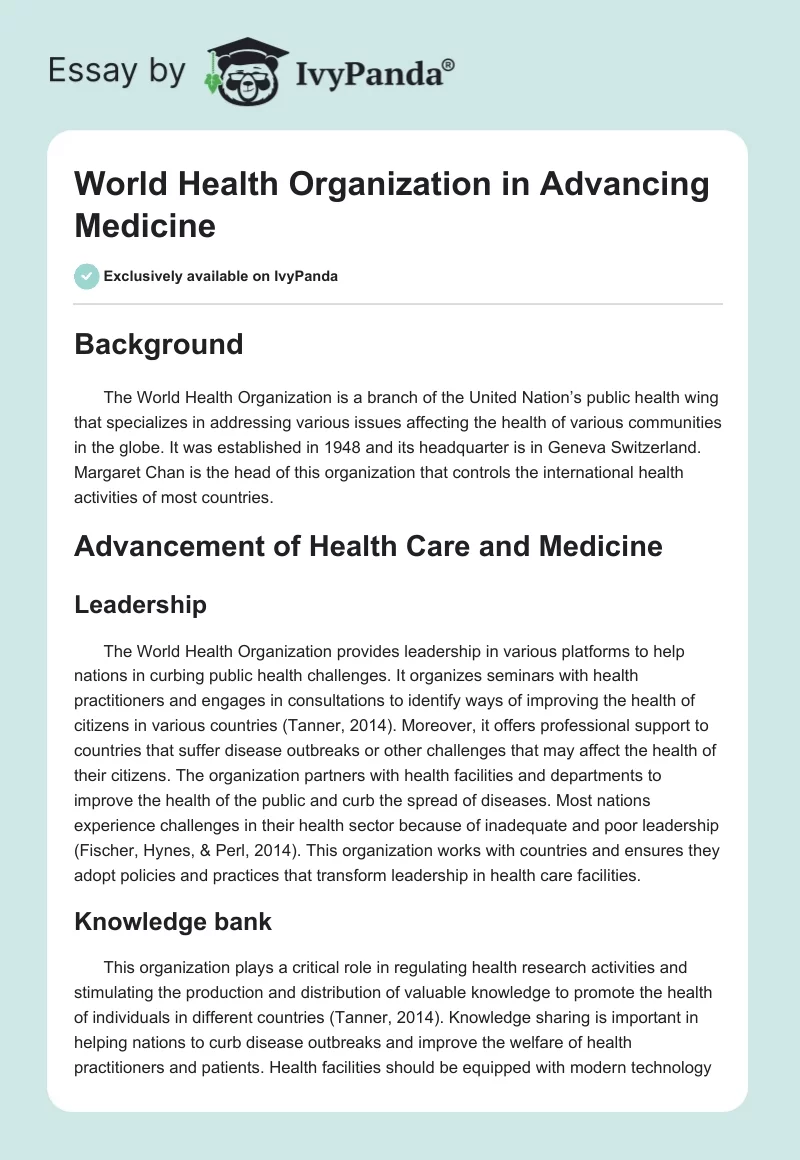 World Health Organization in Advancing Medicine. Page 1