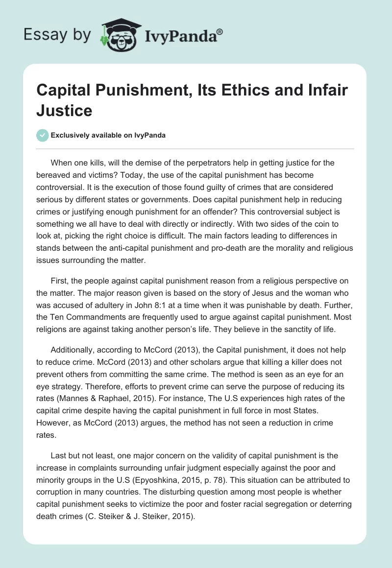 Capital Punishment, Its Ethics and Infair Justice. Page 1