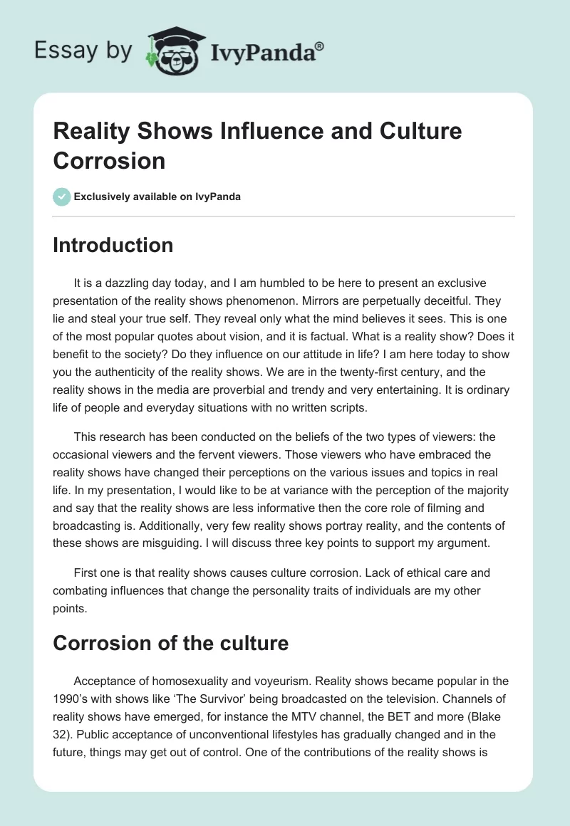 Reality Shows Influence and Culture Corrosion. Page 1
