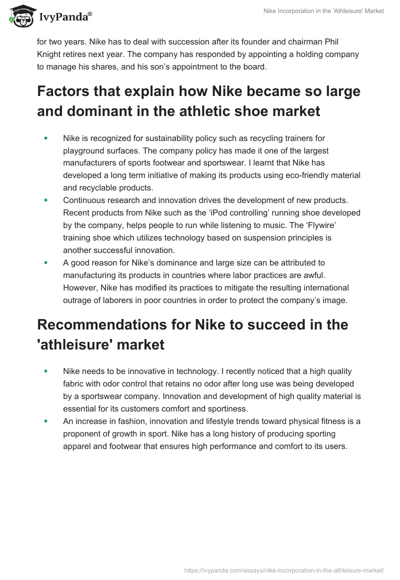 Nike Incorporation in the 'Athleisure' Market. Page 2