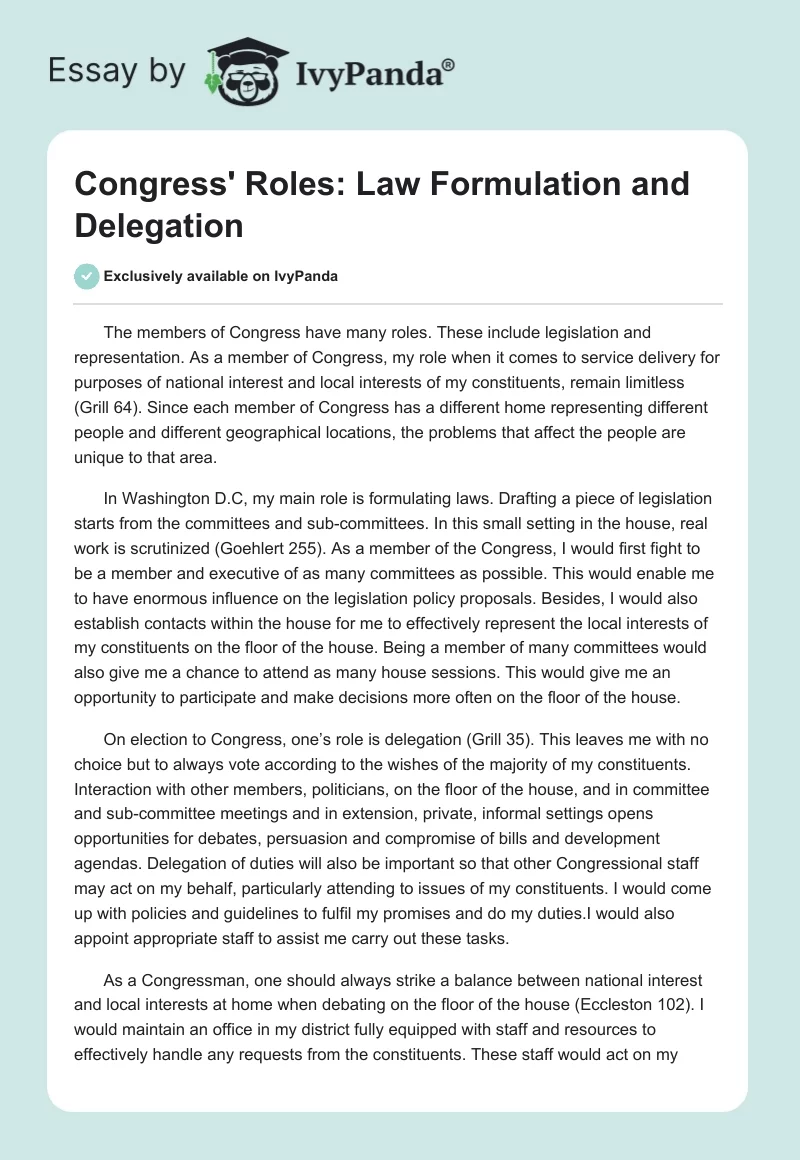 Congress' Roles: Law Formulation and Delegation. Page 1