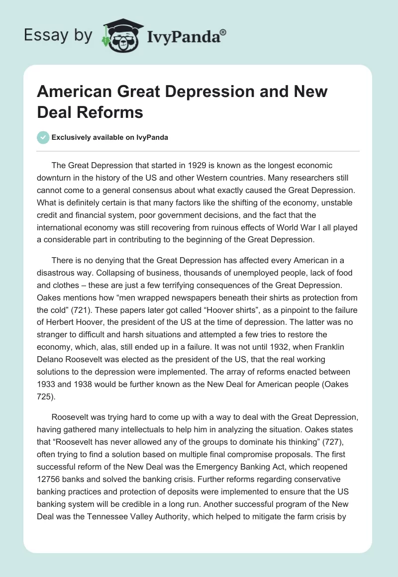 American Great Depression and New Deal Reforms. Page 1