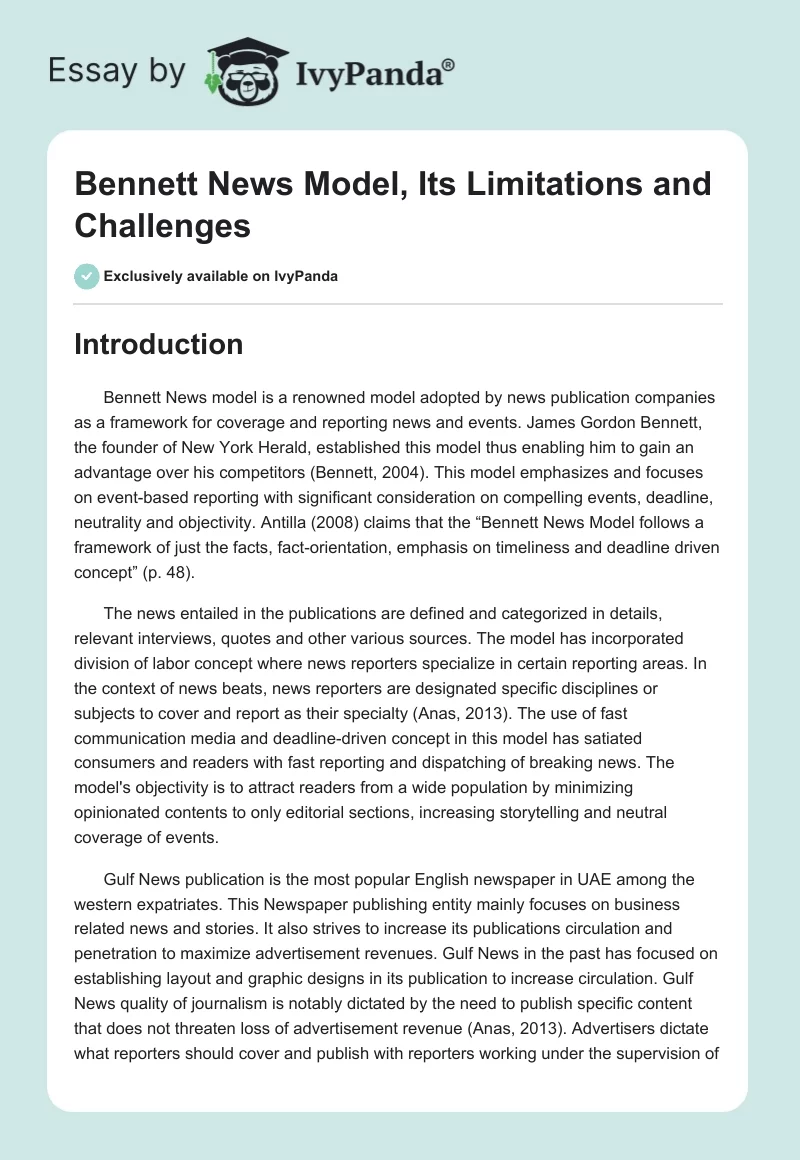 Bennett News Model, Its Limitations and Challenges. Page 1