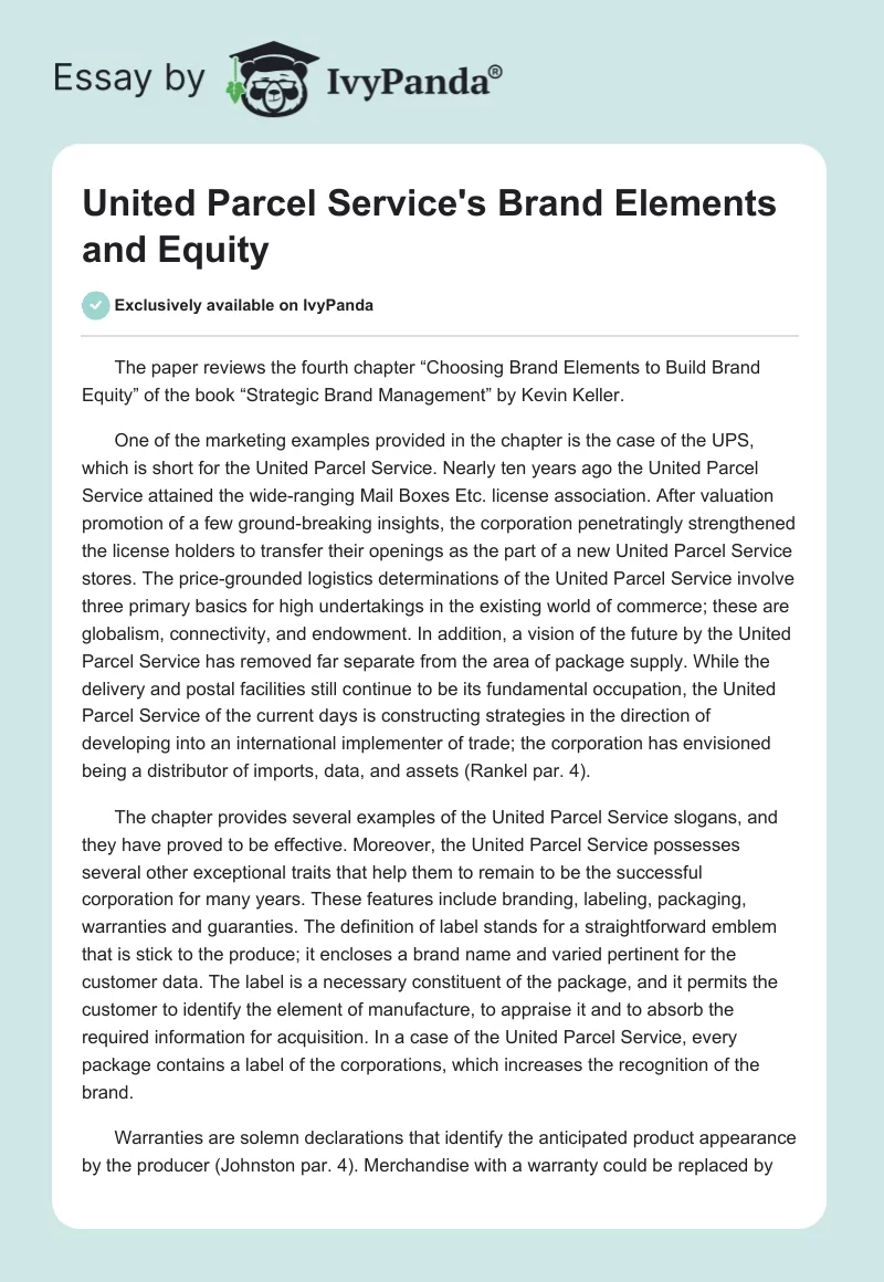 United Parcel Service's Brand Elements and Equity. Page 1