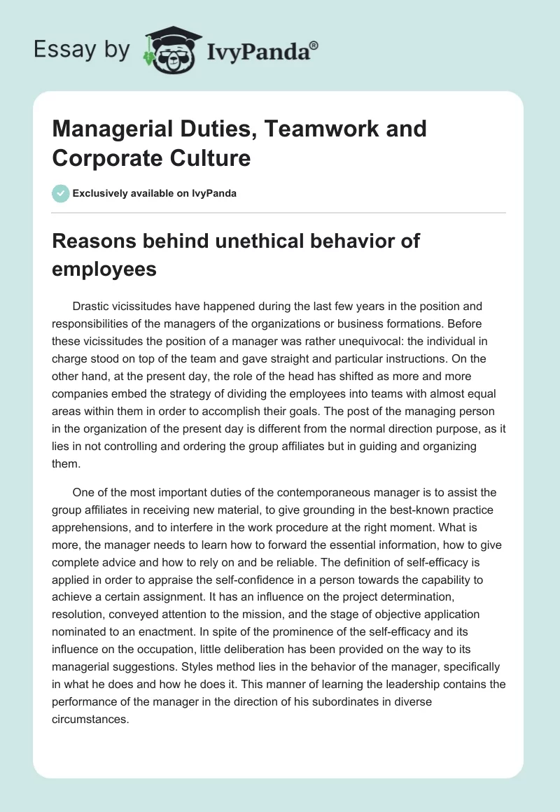 Managerial Duties, Teamwork and Corporate Culture. Page 1