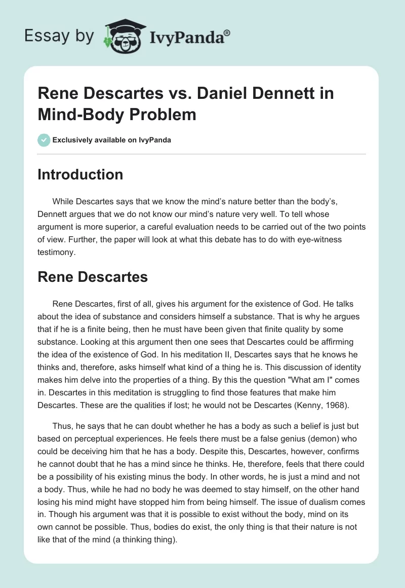 Rene Descartes vs. Daniel Dennett in Mind-Body Problem. Page 1