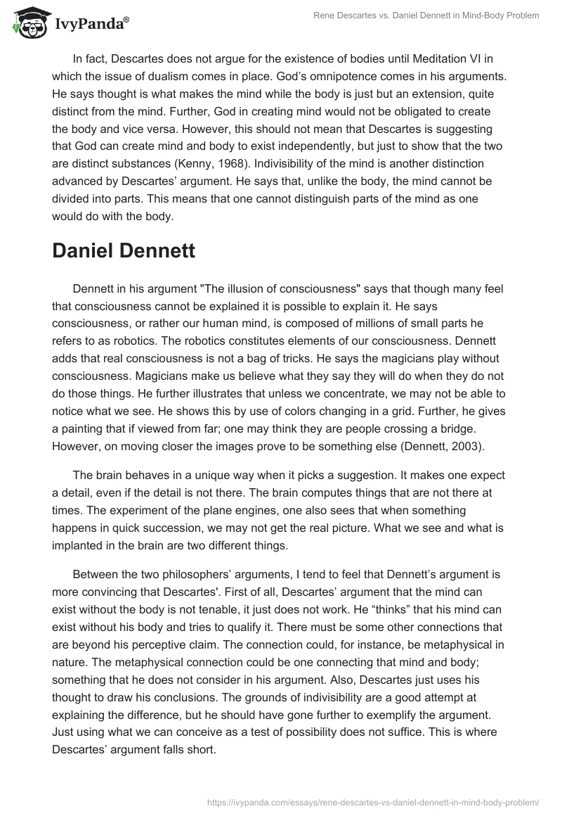 Rene Descartes vs. Daniel Dennett in Mind-Body Problem. Page 2