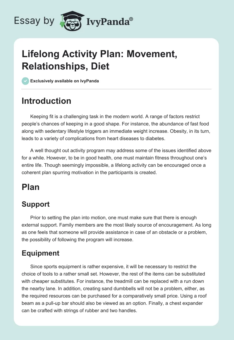 Lifelong Activity Plan: Movement, Relationships, Diet. Page 1