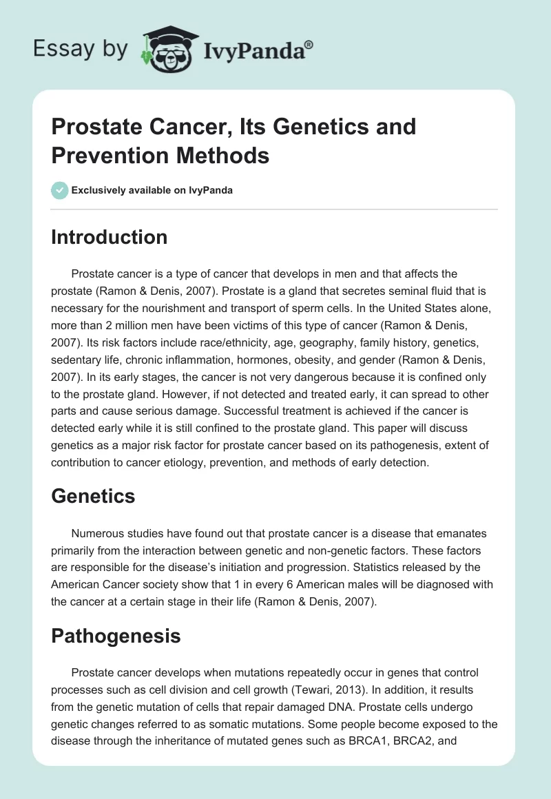 Prostate Cancer, Its Genetics and Prevention Methods. Page 1