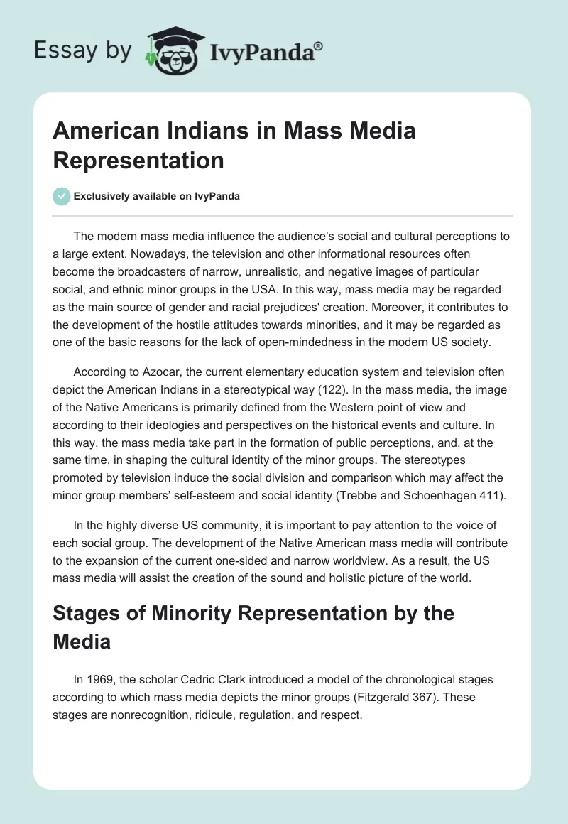 American Indians in Mass Media Representation. Page 1