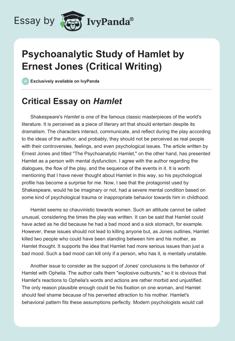 Psychoanalytic Study of Hamlet by Ernest Jones (Critical Writing). Page 1