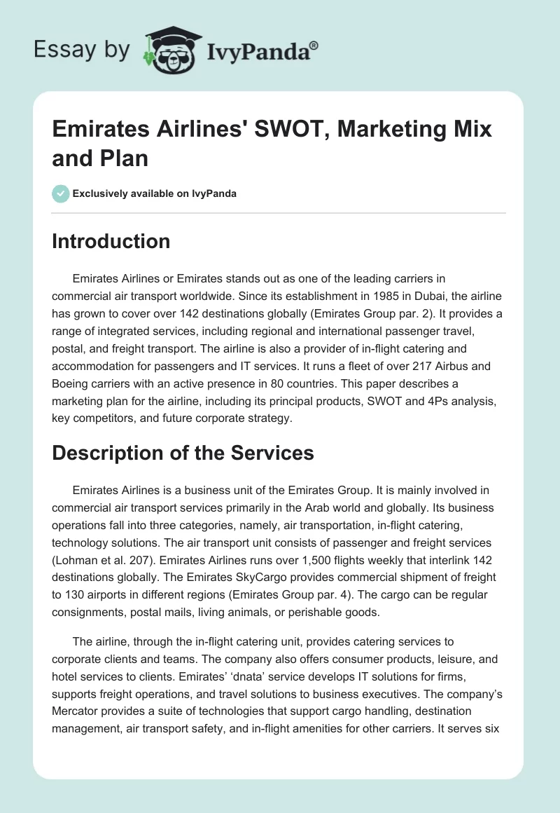 Emirates Airlines' SWOT, Marketing Mix and Plan. Page 1