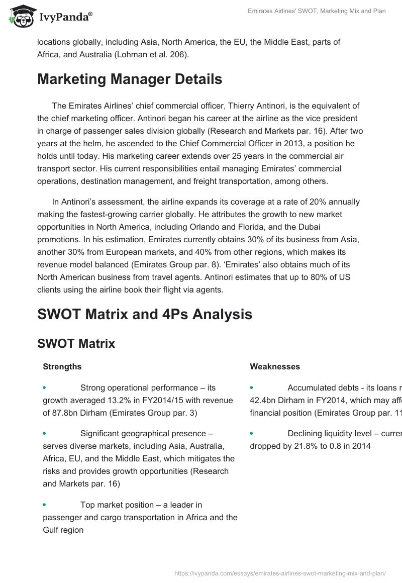Emirates Airlines' SWOT, Marketing Mix and Plan. Page 2