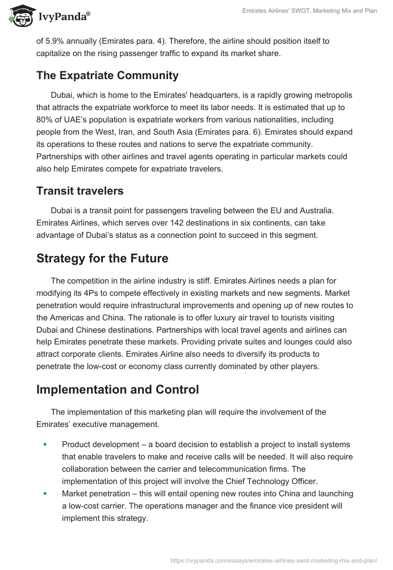 Emirates Airlines' SWOT, Marketing Mix and Plan. Page 5
