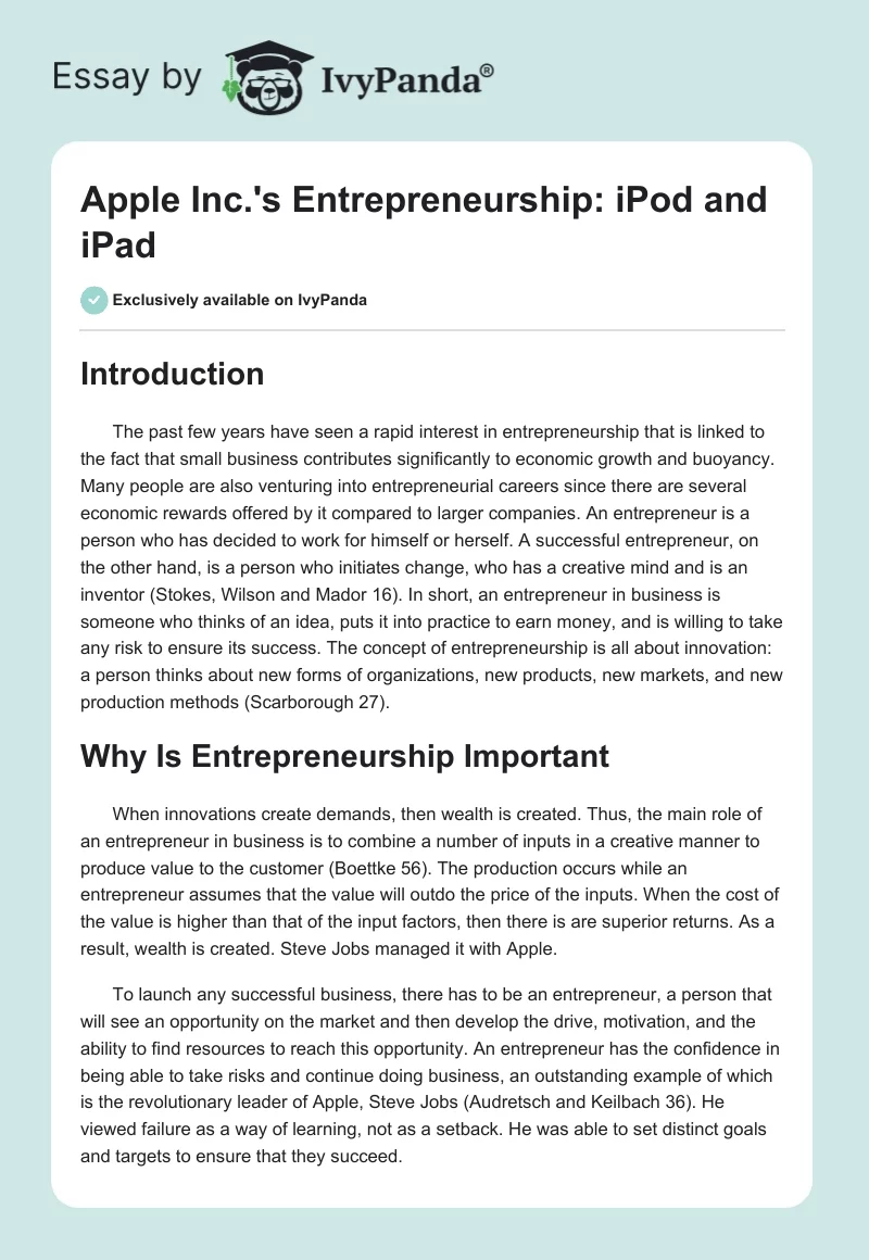 Apple Inc.'s Entrepreneurship: iPod and iPad. Page 1