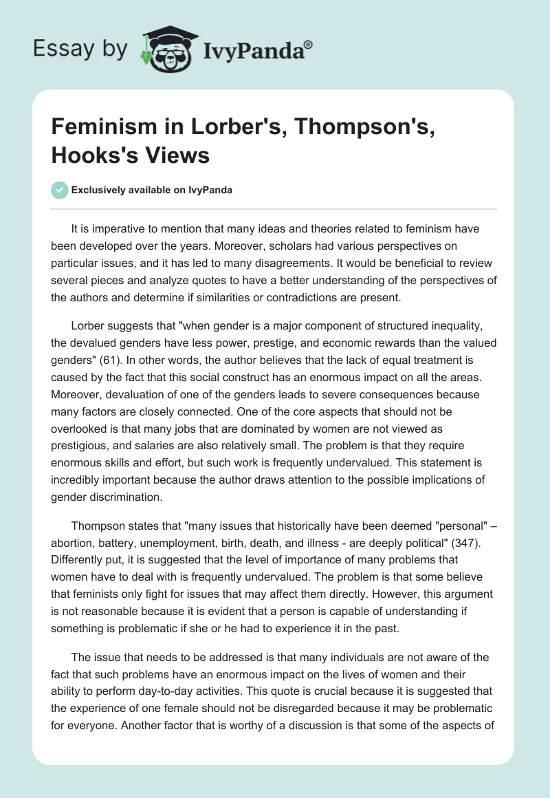 Feminism in Lorber's, Thompson's, Hooks's Views. Page 1