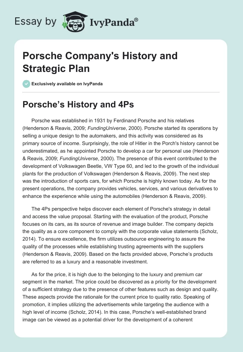 Porsche Company's History and Strategic Plan. Page 1
