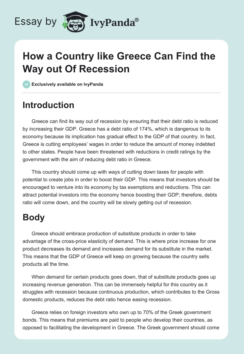 How a Country like Greece Can Find the Way out Of Recession. Page 1