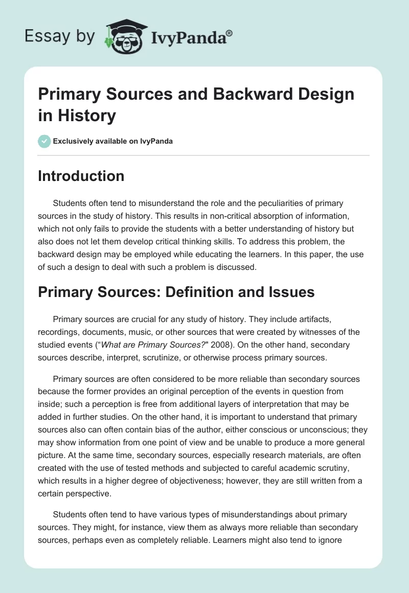Primary Sources and Backward Design in History. Page 1