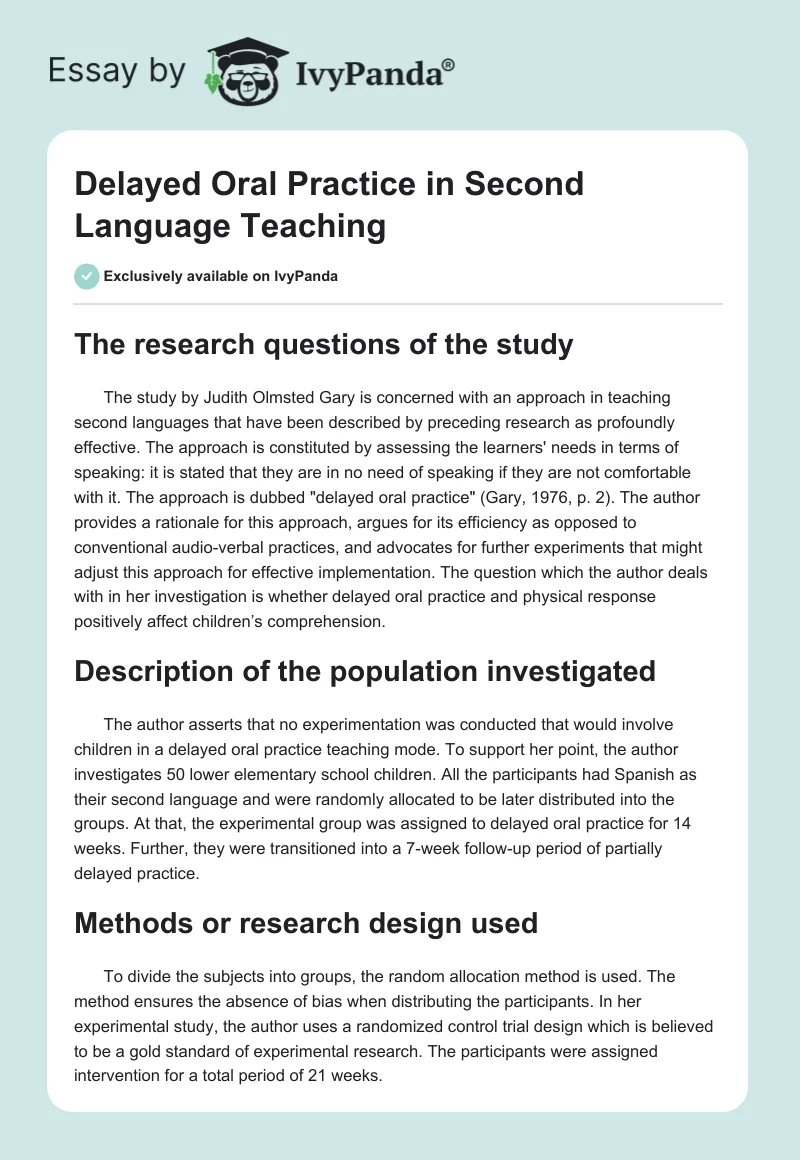 Delayed Oral Practice in Second Language Teaching. Page 1