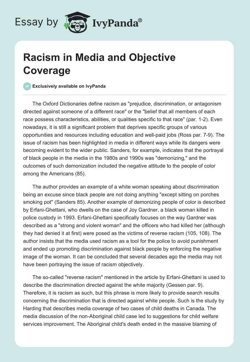 Racism in Media and Objective Coverage. Page 1