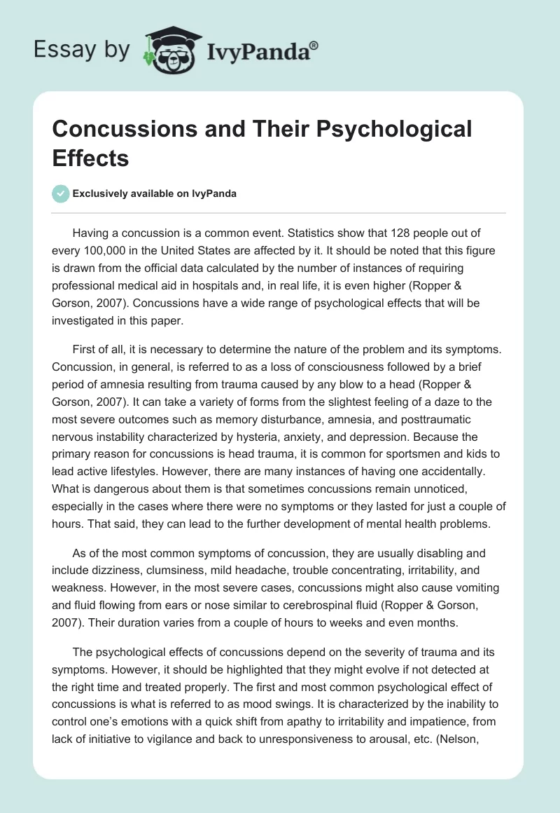 Concussions and Their Psychological Effects. Page 1