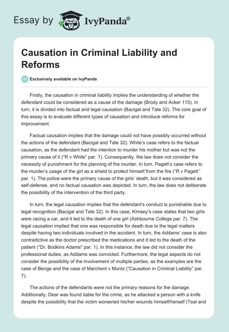 Causation in Criminal Liability and Reforms. Page 1