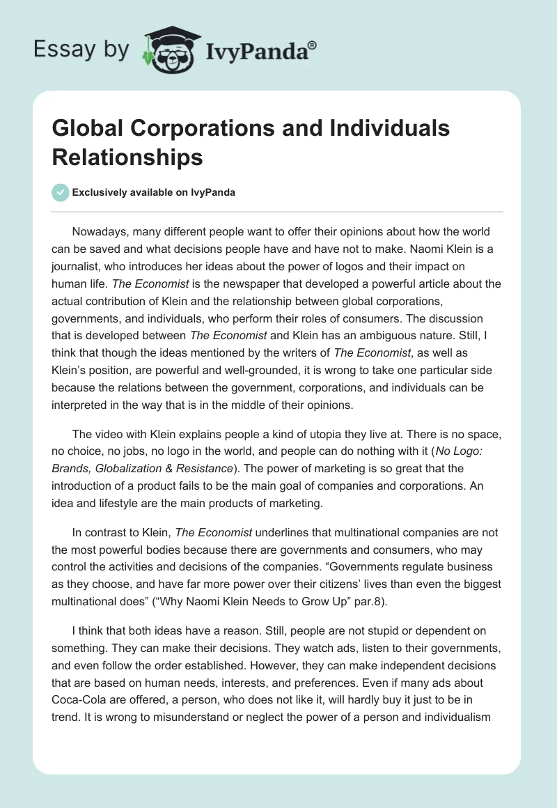 Global Corporations and Individuals Relationships. Page 1