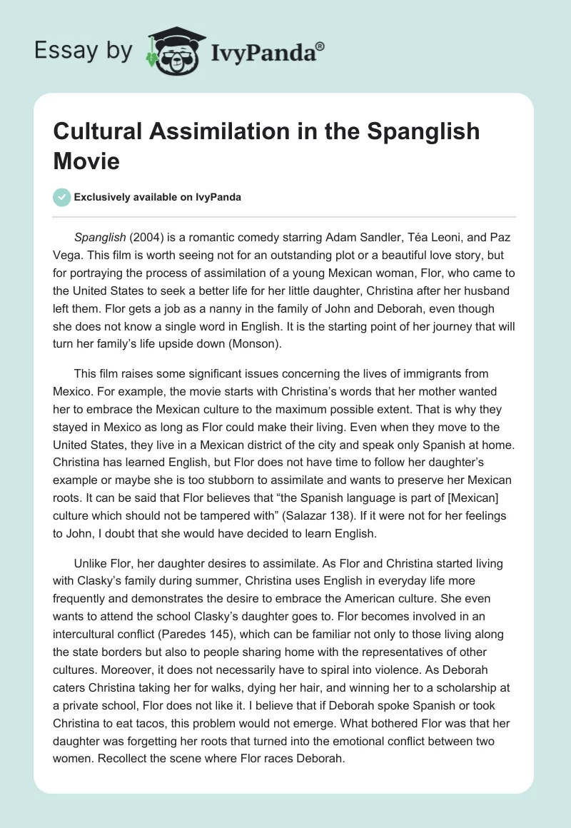 Cultural Assimilation in the "Spanglish" Movie. Page 1