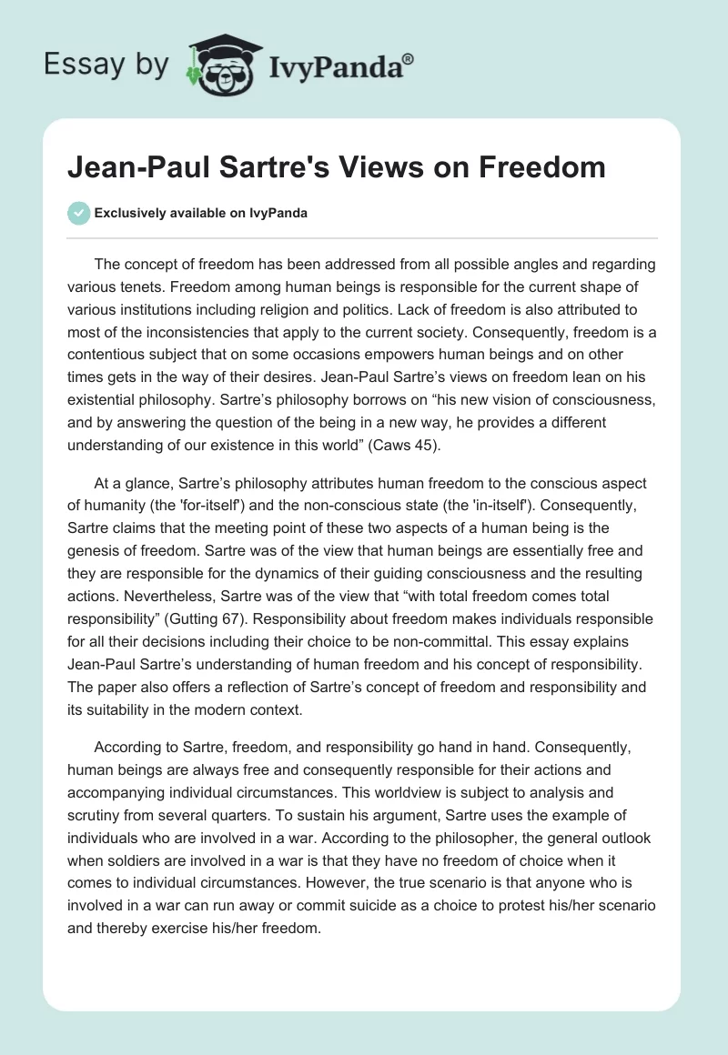 Jean-Paul Sartre's Views on Freedom. Page 1