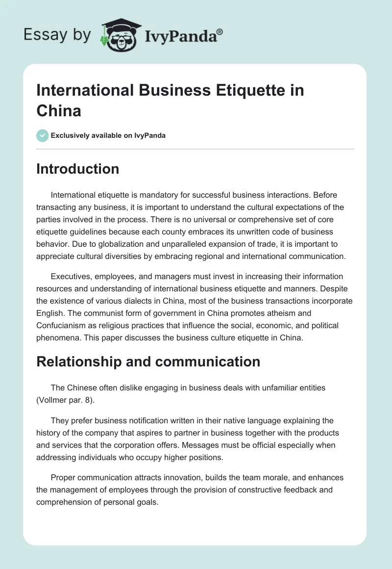 International Business Etiquette in China. Page 1