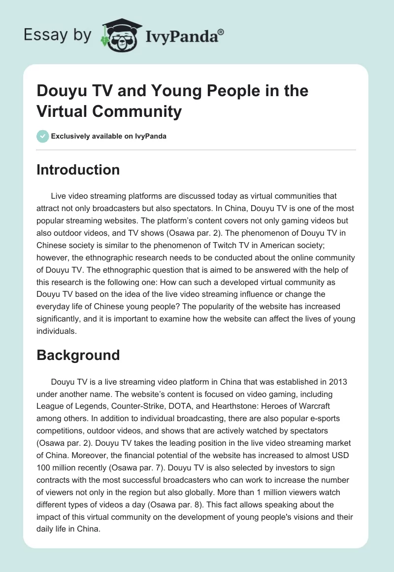 Douyu TV and Young People in the Virtual Community. Page 1