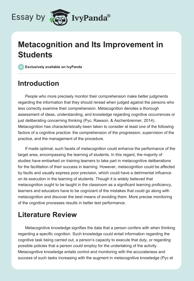 Metacognition and Its Improvement in Students. Page 1
