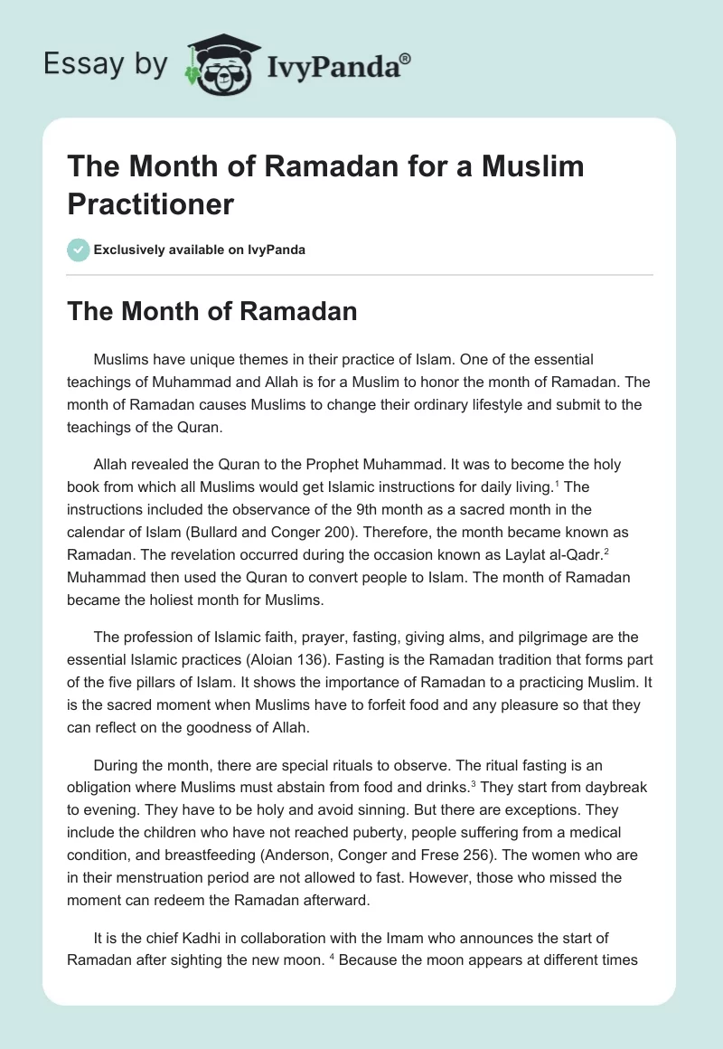 The Month of Ramadan for a Muslim Practitioner. Page 1