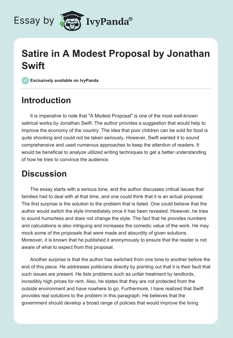 Satire in "A Modest Proposal" by Jonathan Swift. Page 1