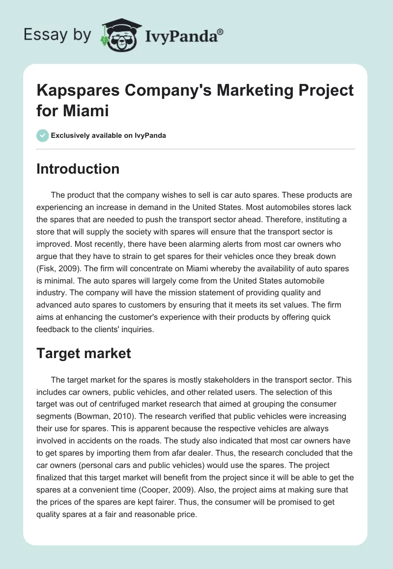 Kapspares Company's Marketing Project for Miami. Page 1