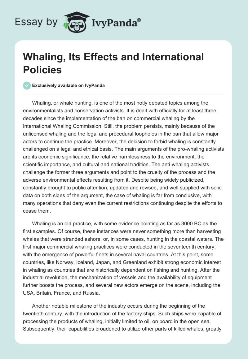 Whaling, Its Effects and International Policies. Page 1
