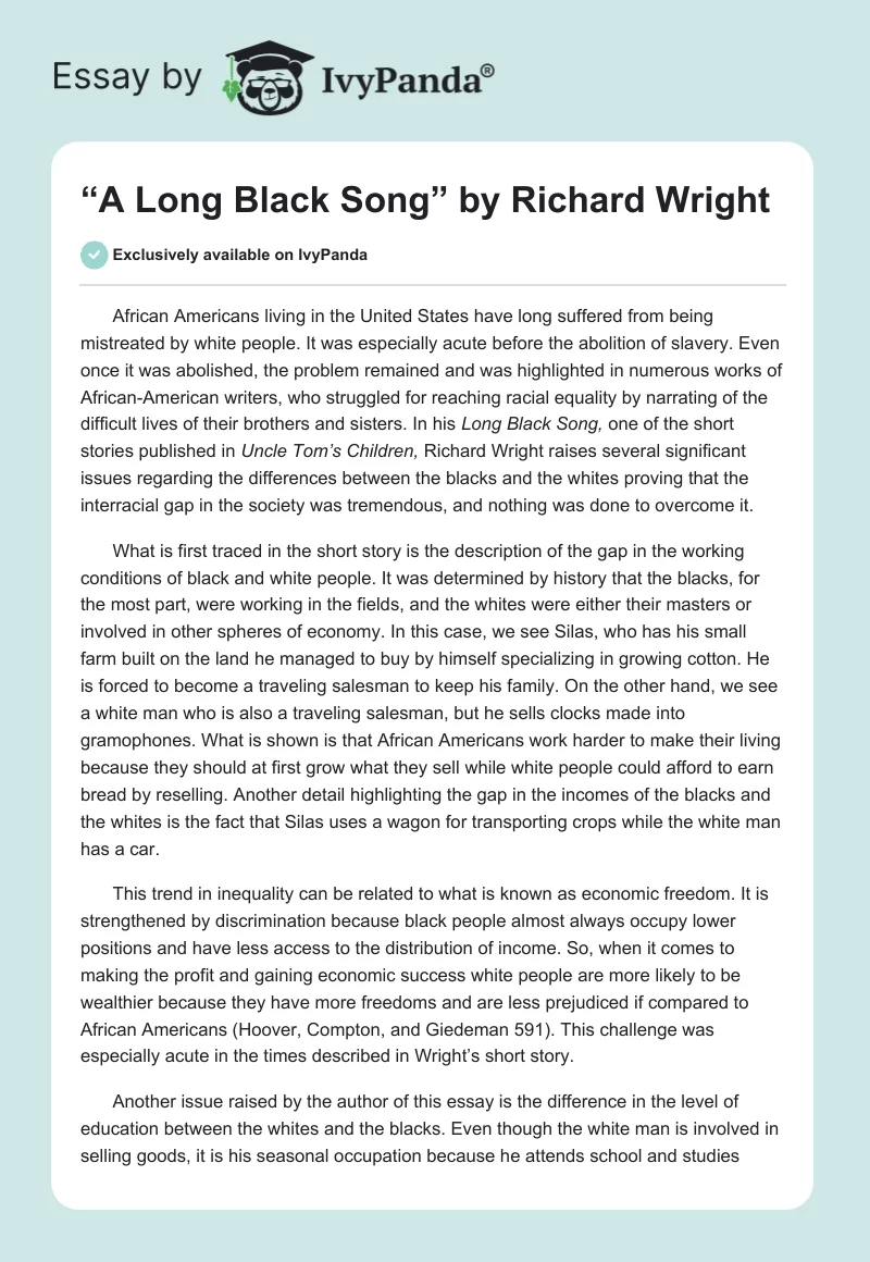 “A Long Black Song” by Richard Wright. Page 1