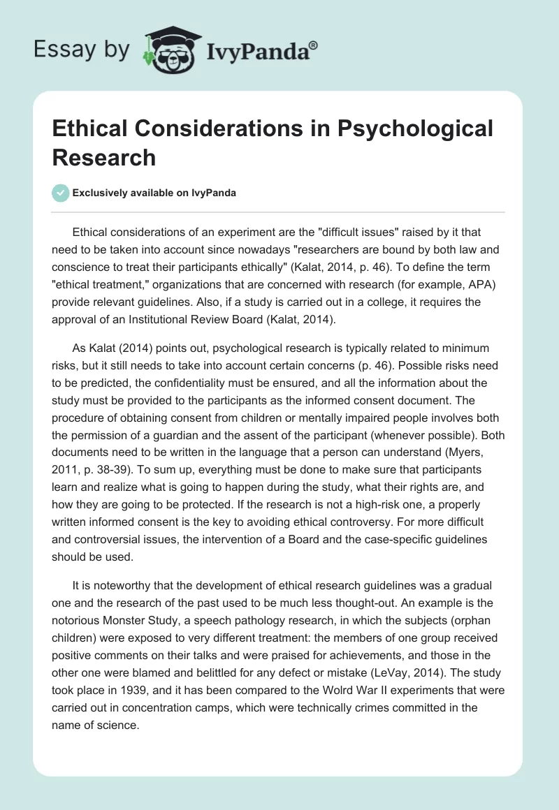 Ethical Considerations In Psychological Research 647 Words Essay