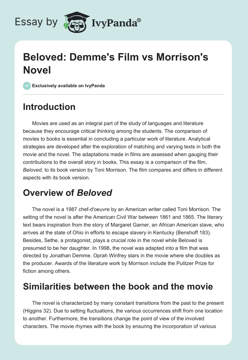 Beloved: Demme's Film vs Morrison's Novel. Page 1