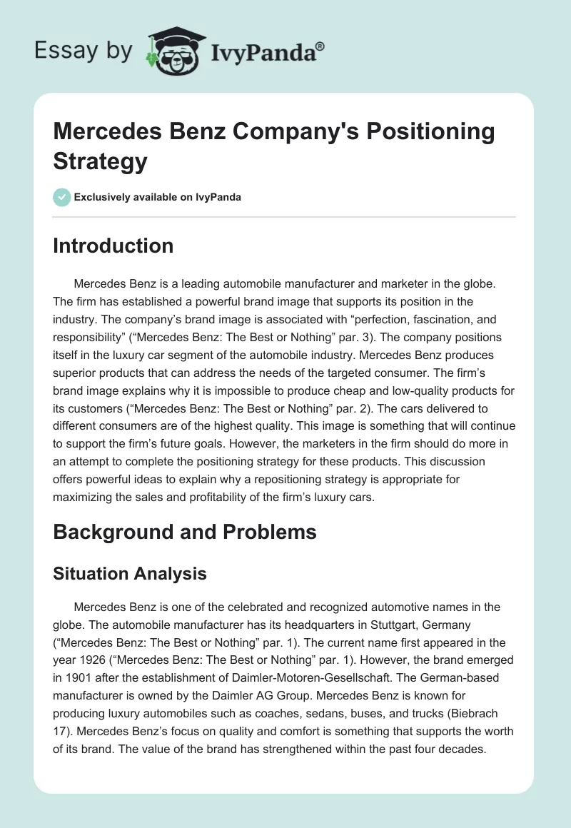 Mercedes Benz Company's Positioning Strategy. Page 1