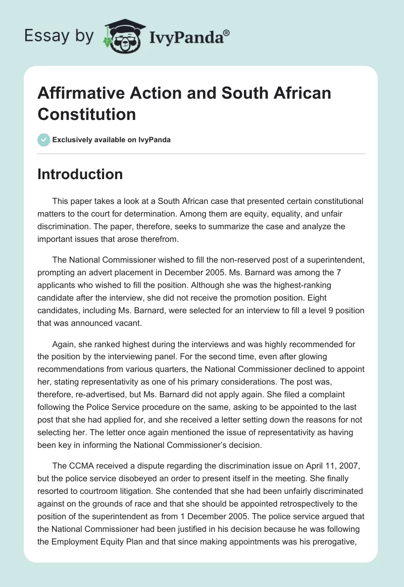 Affirmative Action and South African Constitution. Page 1