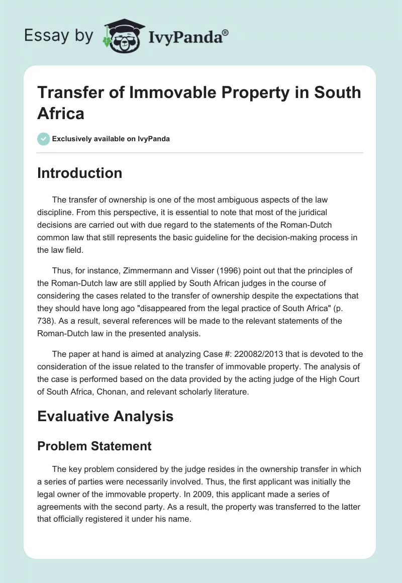 Transfer of Immovable Property in South Africa. Page 1