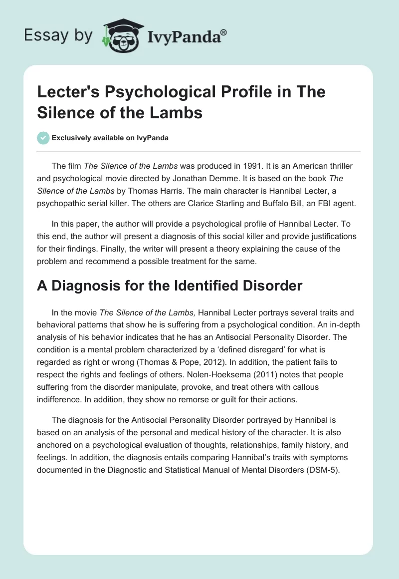 The Silence of the Lambs Psychological Analysis. Page 1