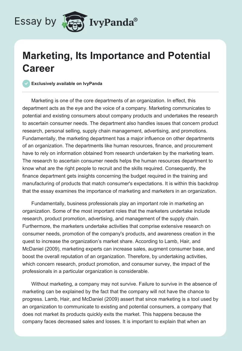 Marketing, Its Importance and Potential Career. Page 1