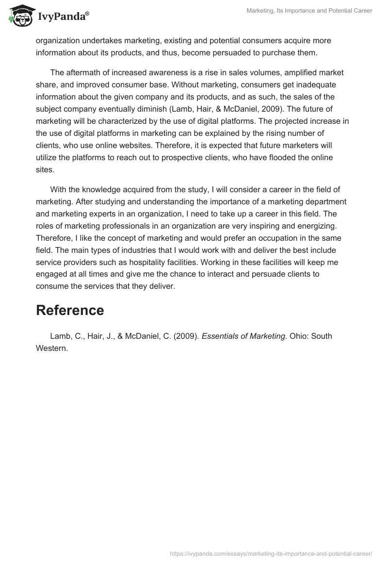 Marketing, Its Importance and Potential Career. Page 2