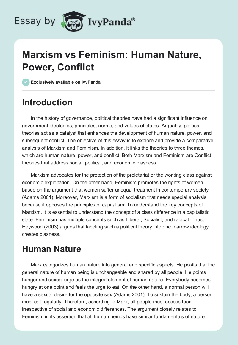 Marxism vs. Feminism: Human Nature, Power, Conflict. Page 1