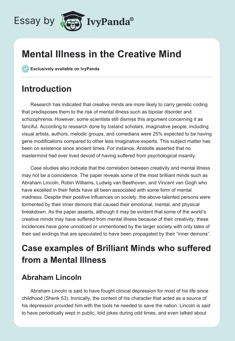 Mental Illness in the Creative Mind. Page 1