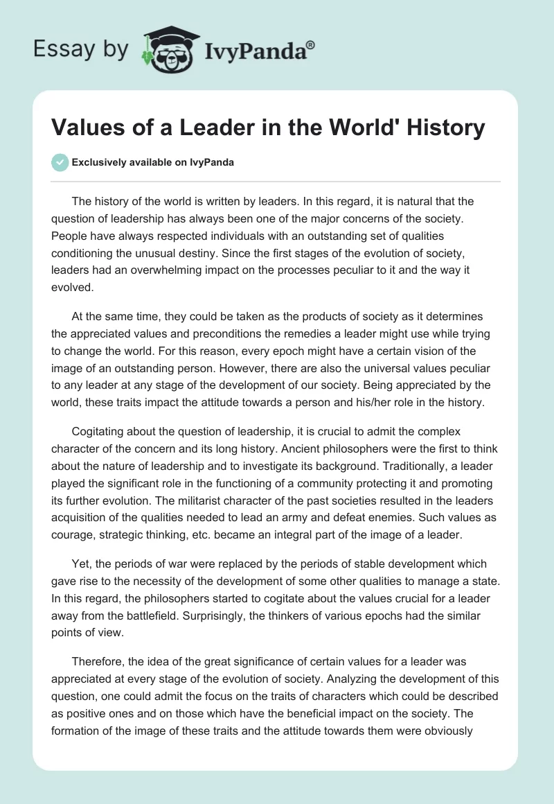 Values of a Leader in the World' History. Page 1
